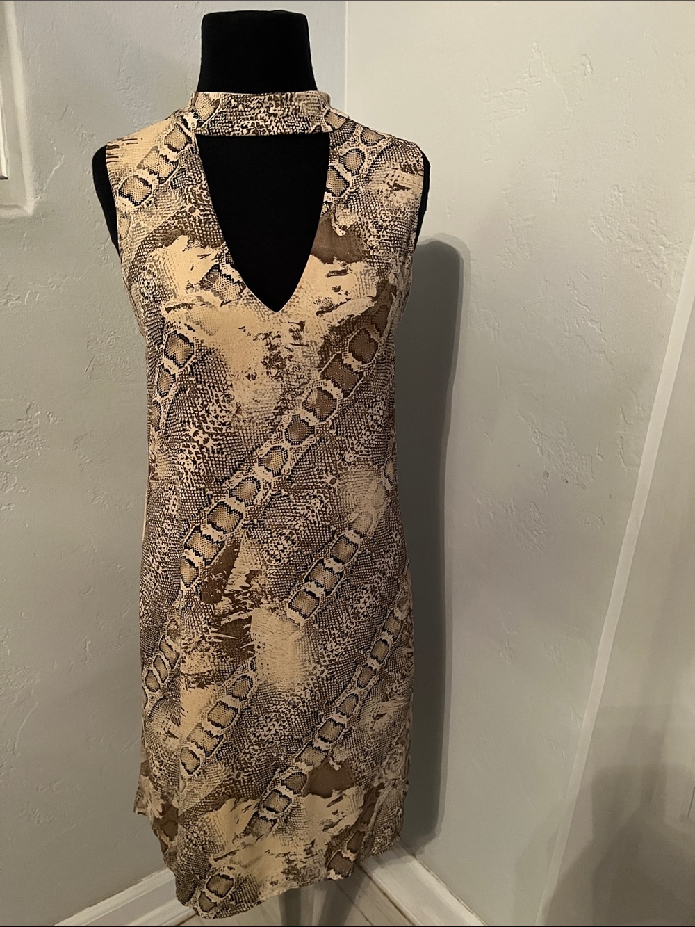 Guess Beige and Brown Snake-Print Mini Dress with Choker Neck